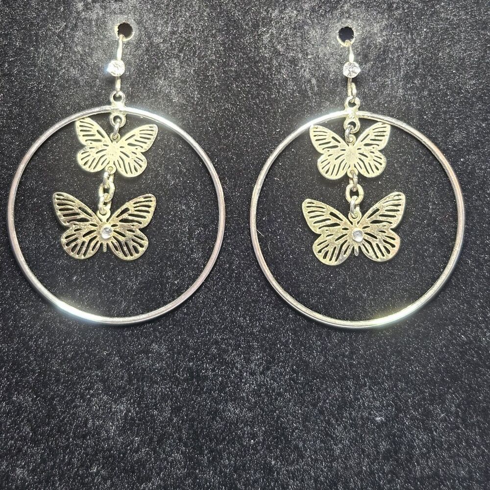 Silver Tone Hoop And Dangling Butterfly Earrings